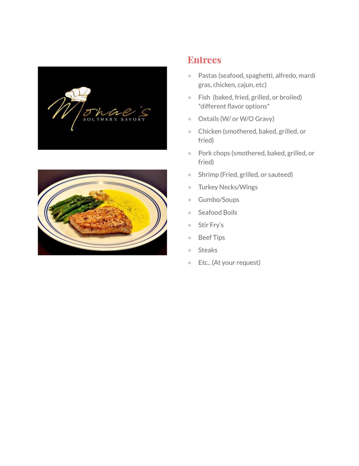 Restaurant menu with logo and list of entrees including pasta, chicken, fish, shrimp, turkey, and steak.