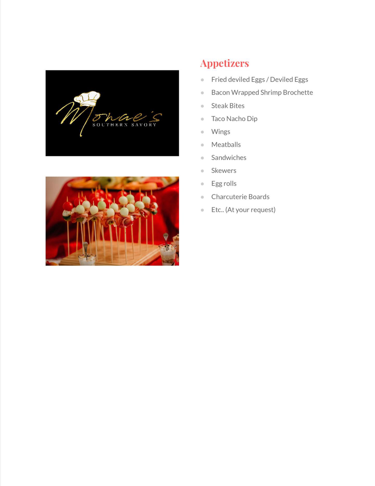 Menu with list of appetizers and a photo of skewers with food, logo at top left.