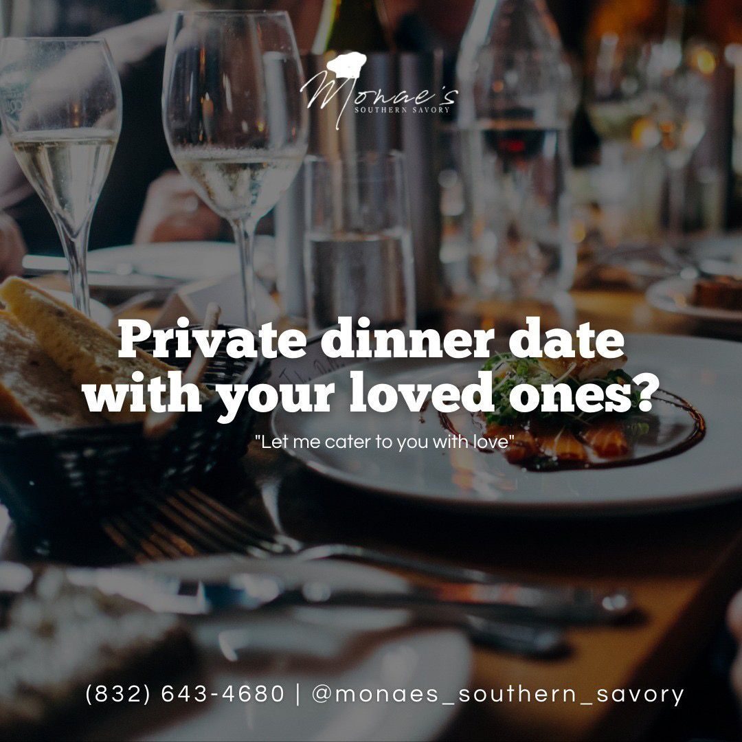 Table setting with glasses and plates, promotional text about private dinner date with loved ones, restaurant name and contact info.