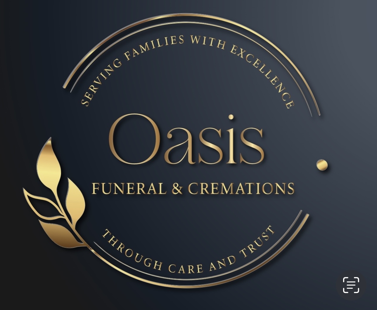 Logo with gold leaf design and text for Oasis Funeral & Cremations on dark background.