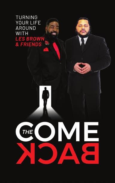 Two men in suits standing with a silhouette of a person behind them, text about turning life around, black background.