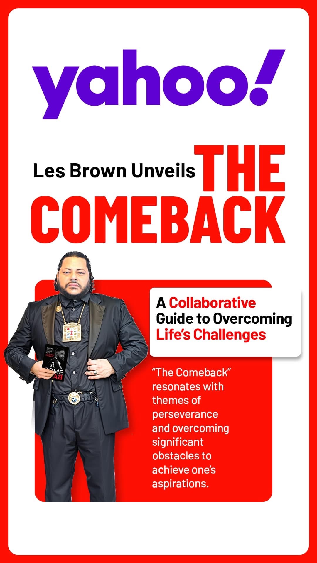 Man in black suit holding a microphone, standing in front of a Yahoo! poster with red and white text.