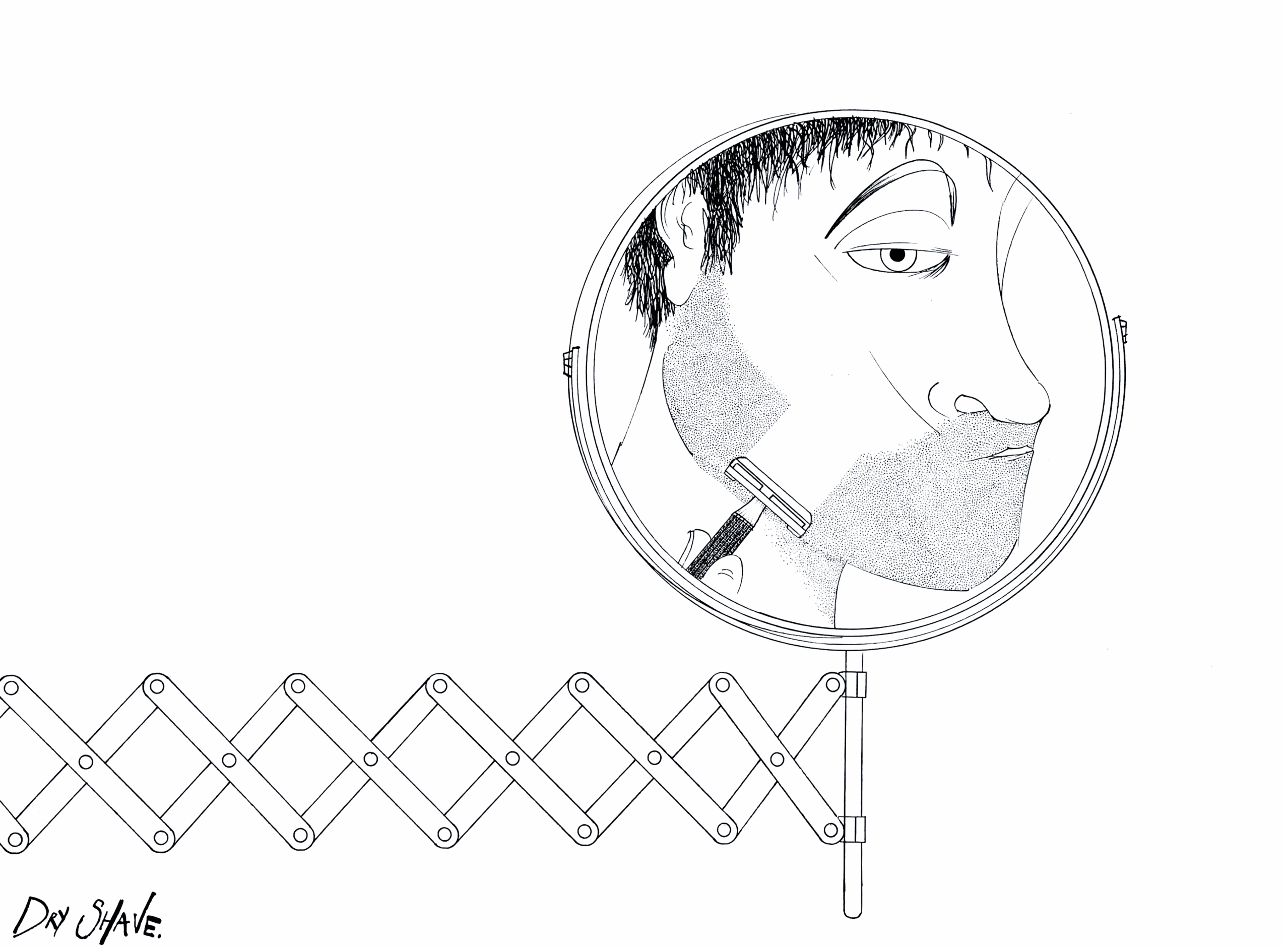 Person looking into a mirror with a makeup brush, with an extendable arm holding the mirror.