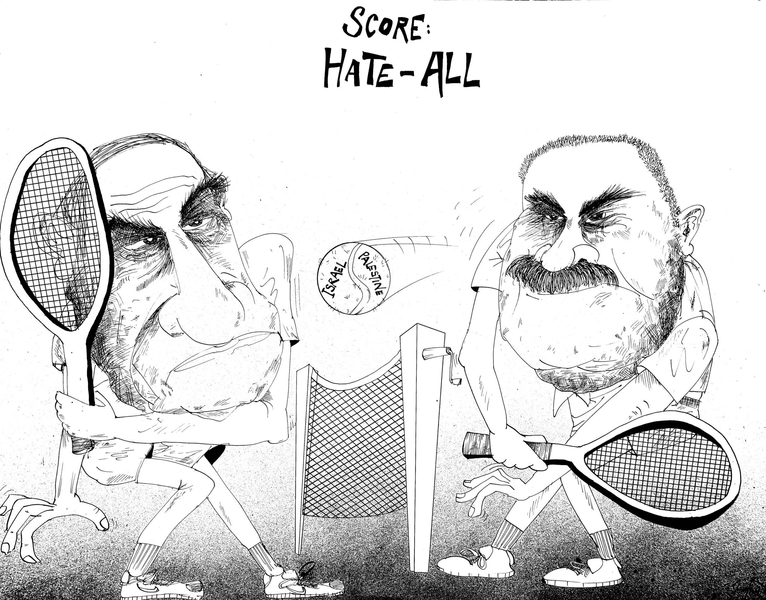 Two caricatured men with exaggerated facial features playing tennis, with a scoreboard reading 'Hate-All' above them.