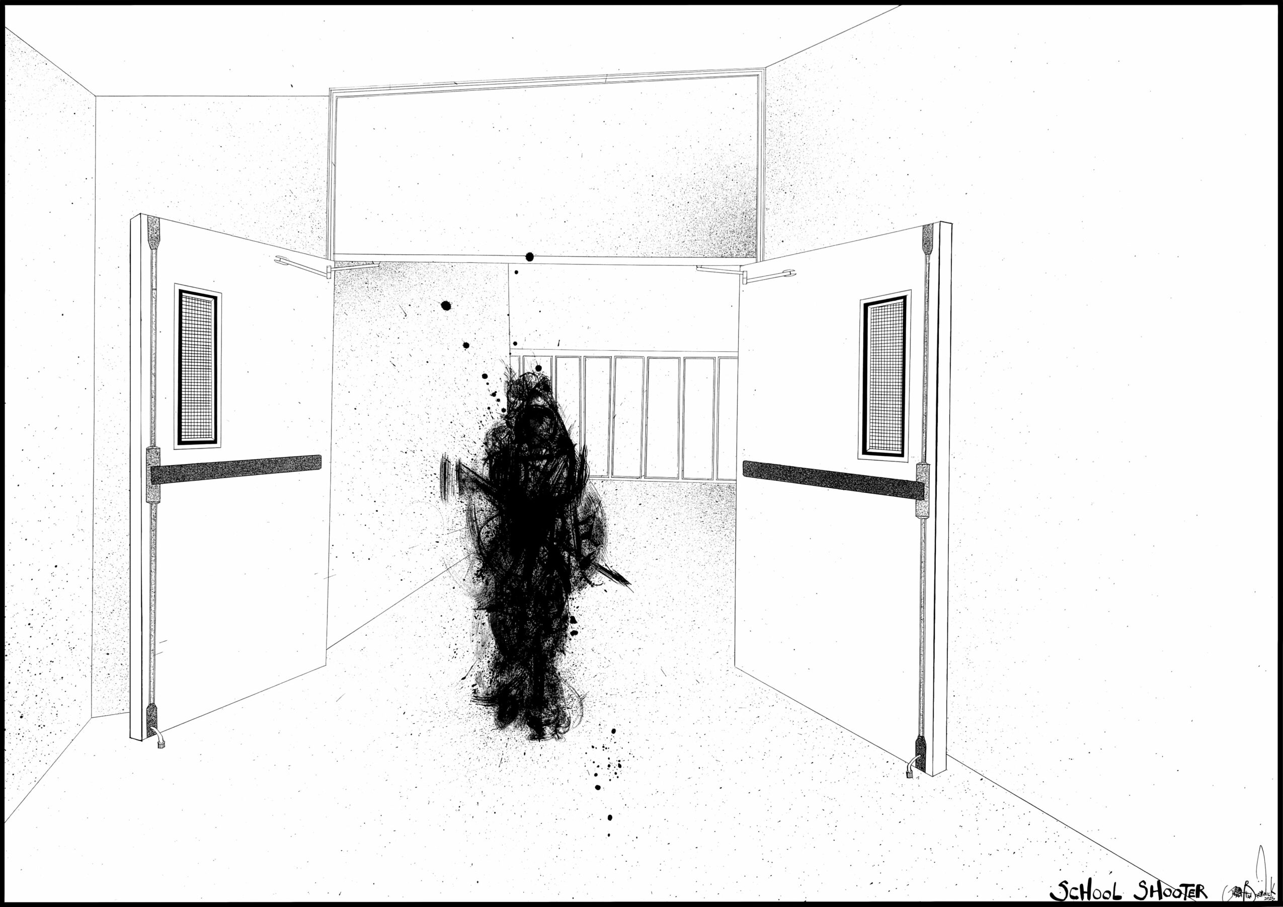 Empty room with open double doors and a dark, abstract figure in the center.