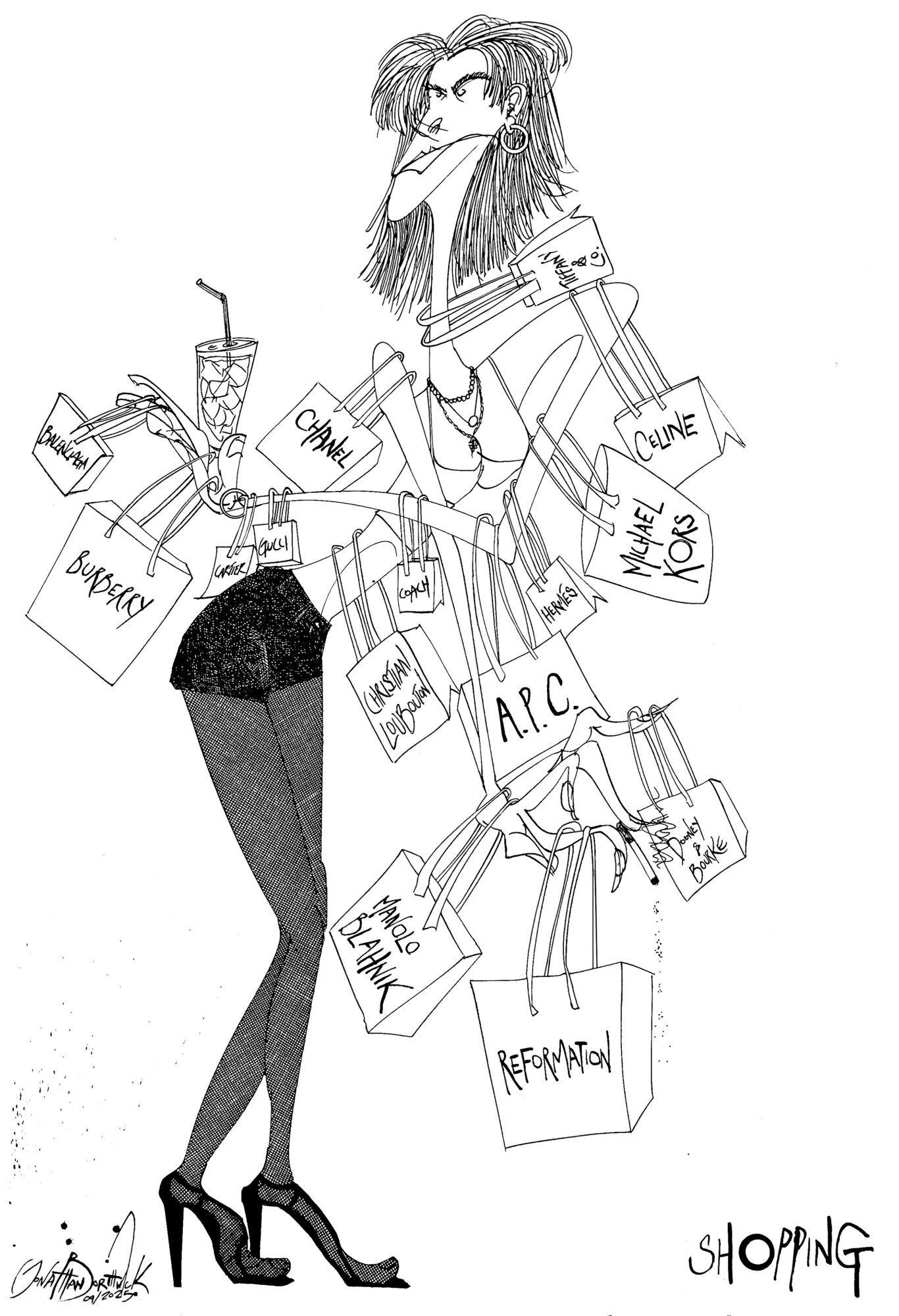Drawing of a woman with shopping bags, wearing high heels, with long hair and a confident expression.