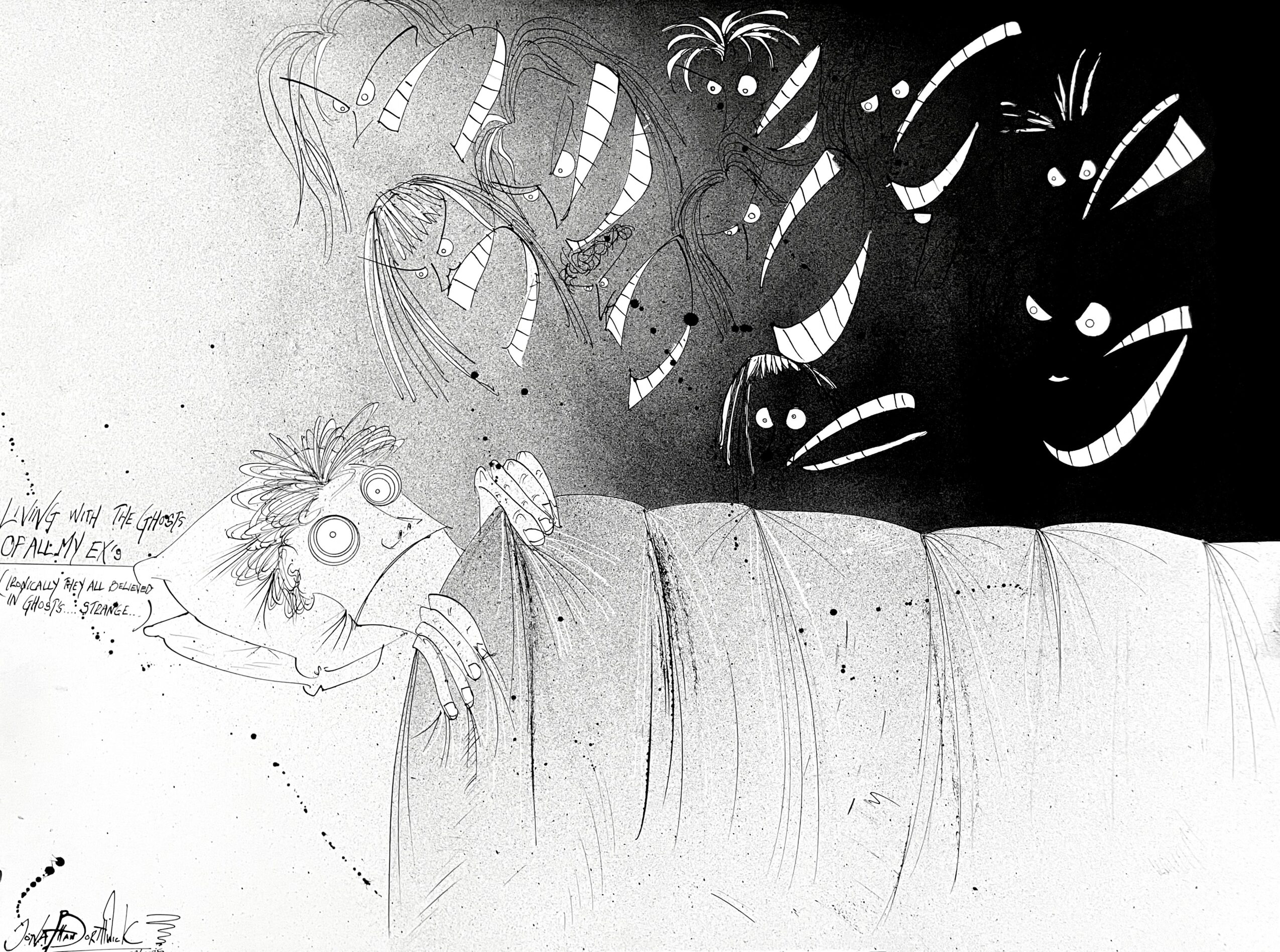 Child with messy hair peeks out from under a blanket, looking at abstract shapes in the dark background.