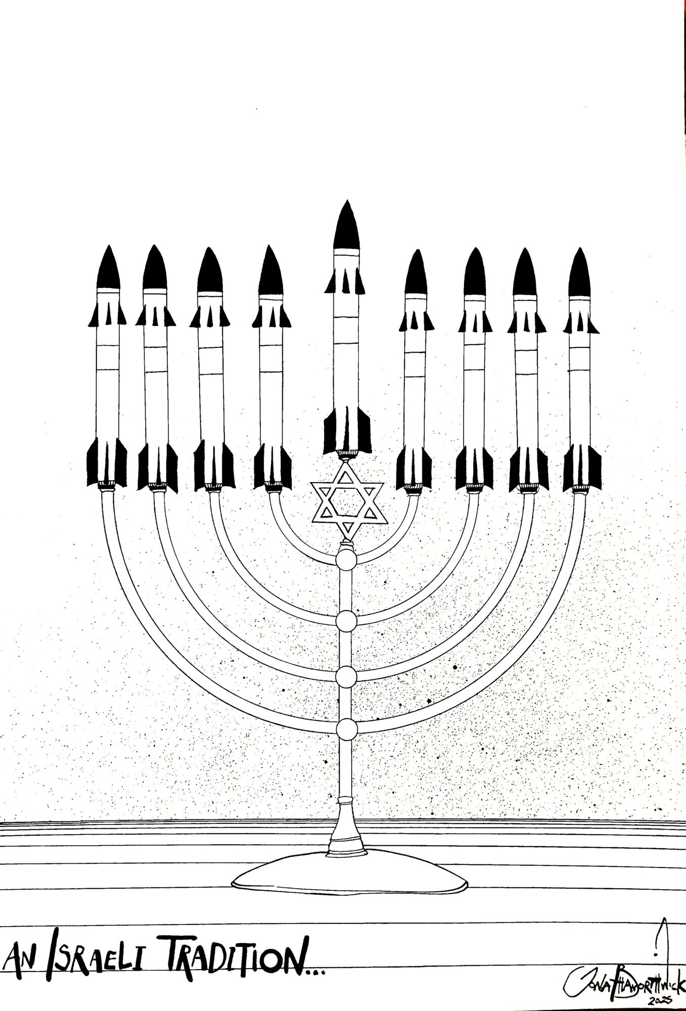 A menorah with nine candles, one central candle lit, and a Star of David below, on a flat surface.