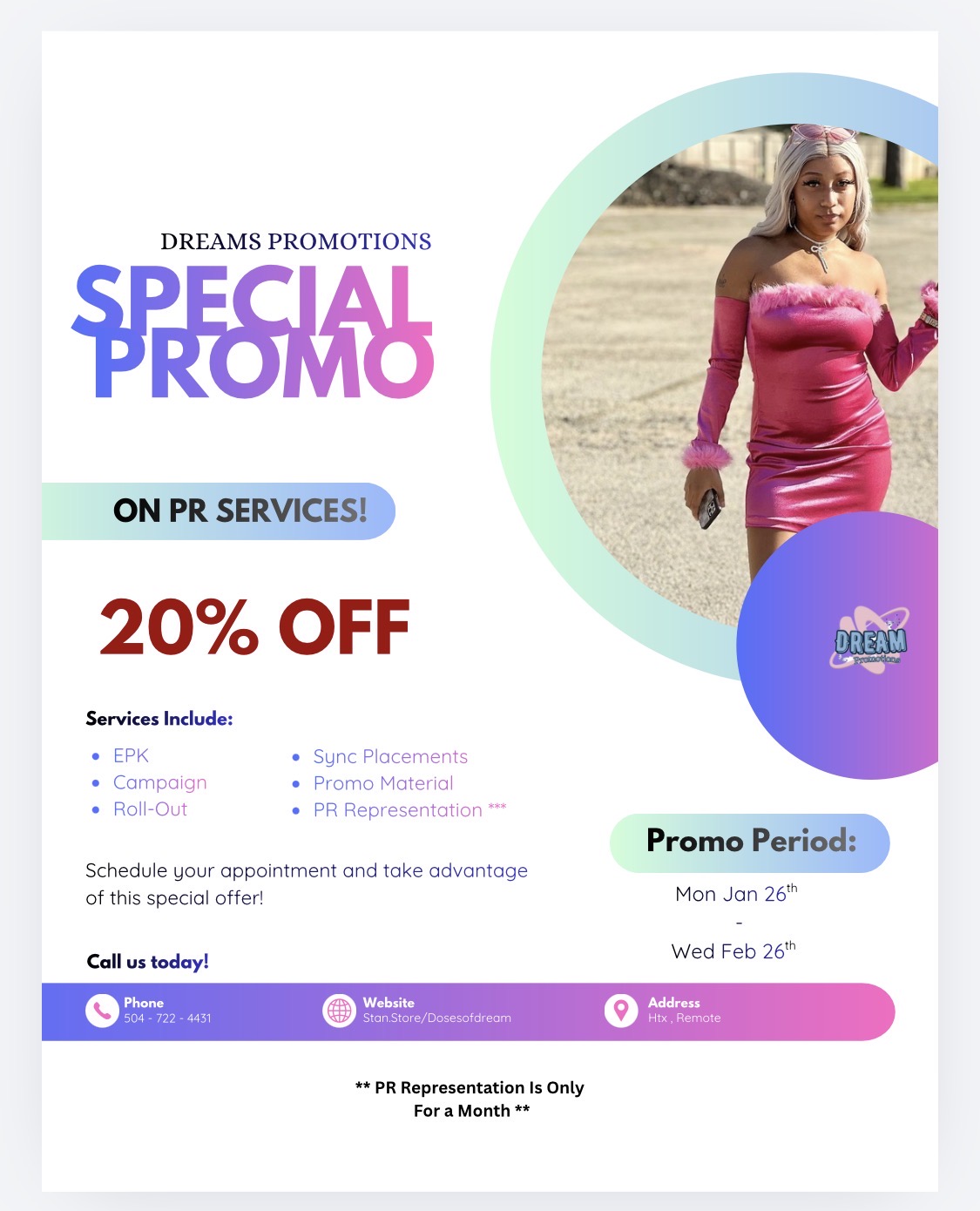 Promotional flyer with a woman in a pink dress outdoors, offering a special promotion with 20% off, valid from January 26 to February 26.