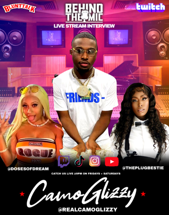 Three people in a music studio with speakers and screens, one man in the center, two women on sides.