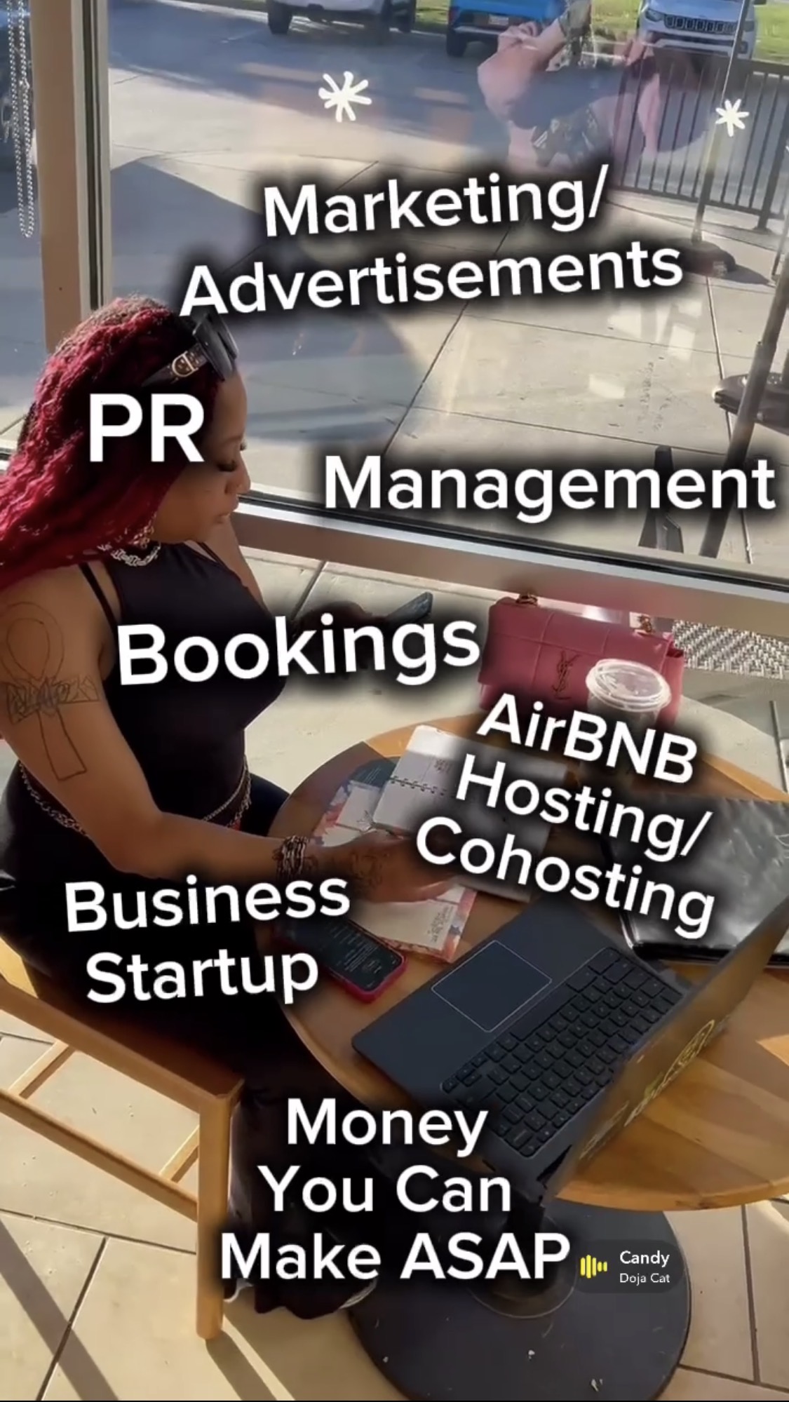 Woman with red hair sitting at a table with a laptop and phone, window view outside, text overlay about business topics.