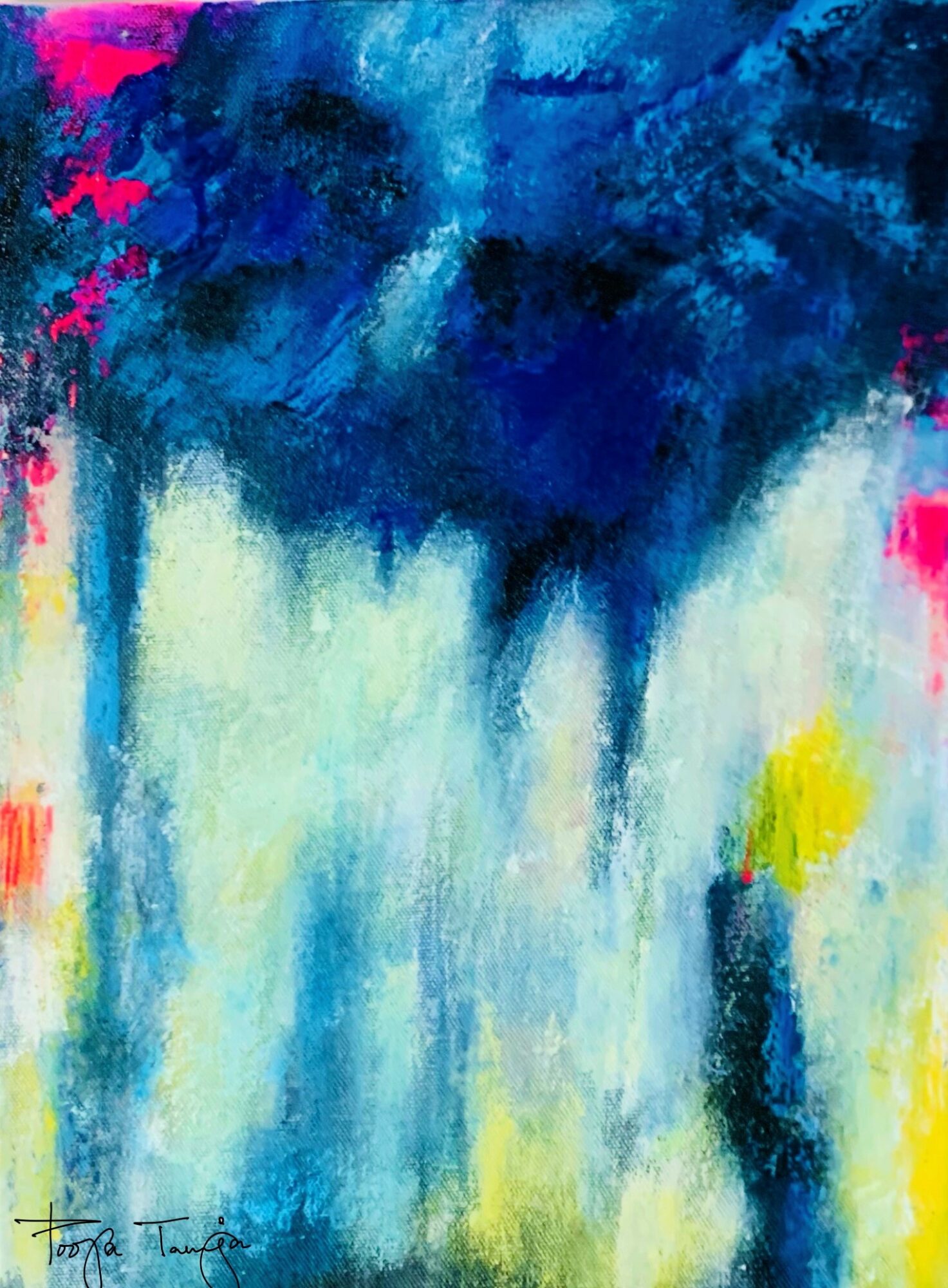 Abstract painting with blue, yellow, and pink colors, featuring a dark blue top and lighter bottom areas.