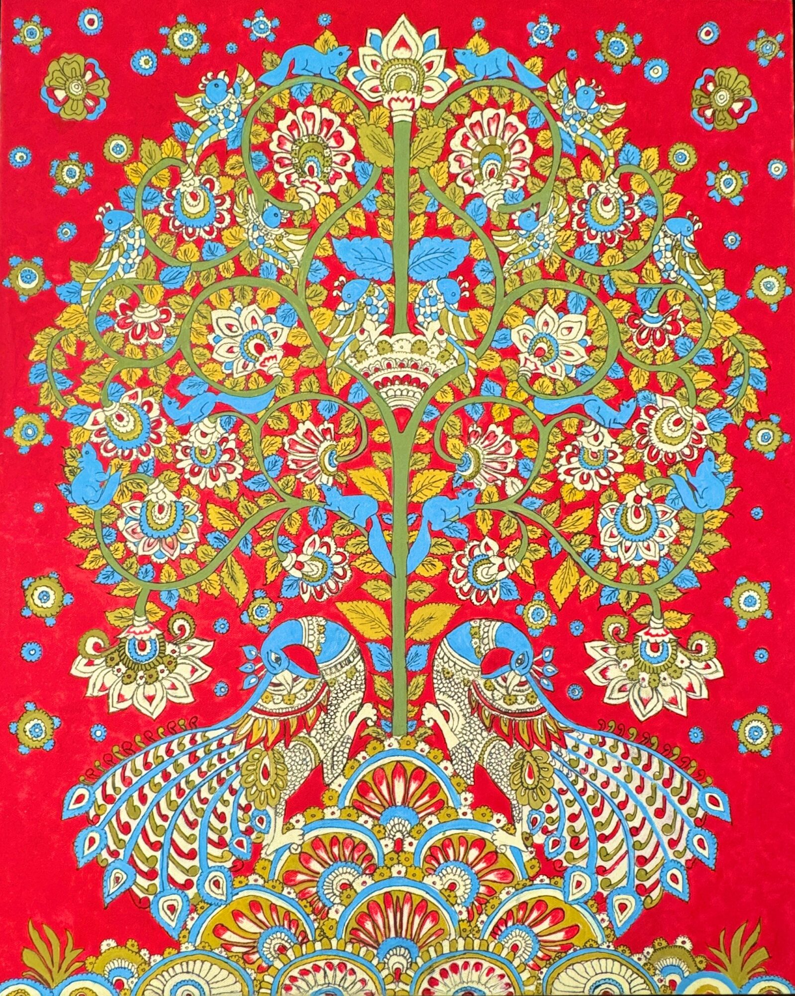 Colorful, intricate tree with floral and peacock motifs on a red background, detailed patterns and symmetrical design.