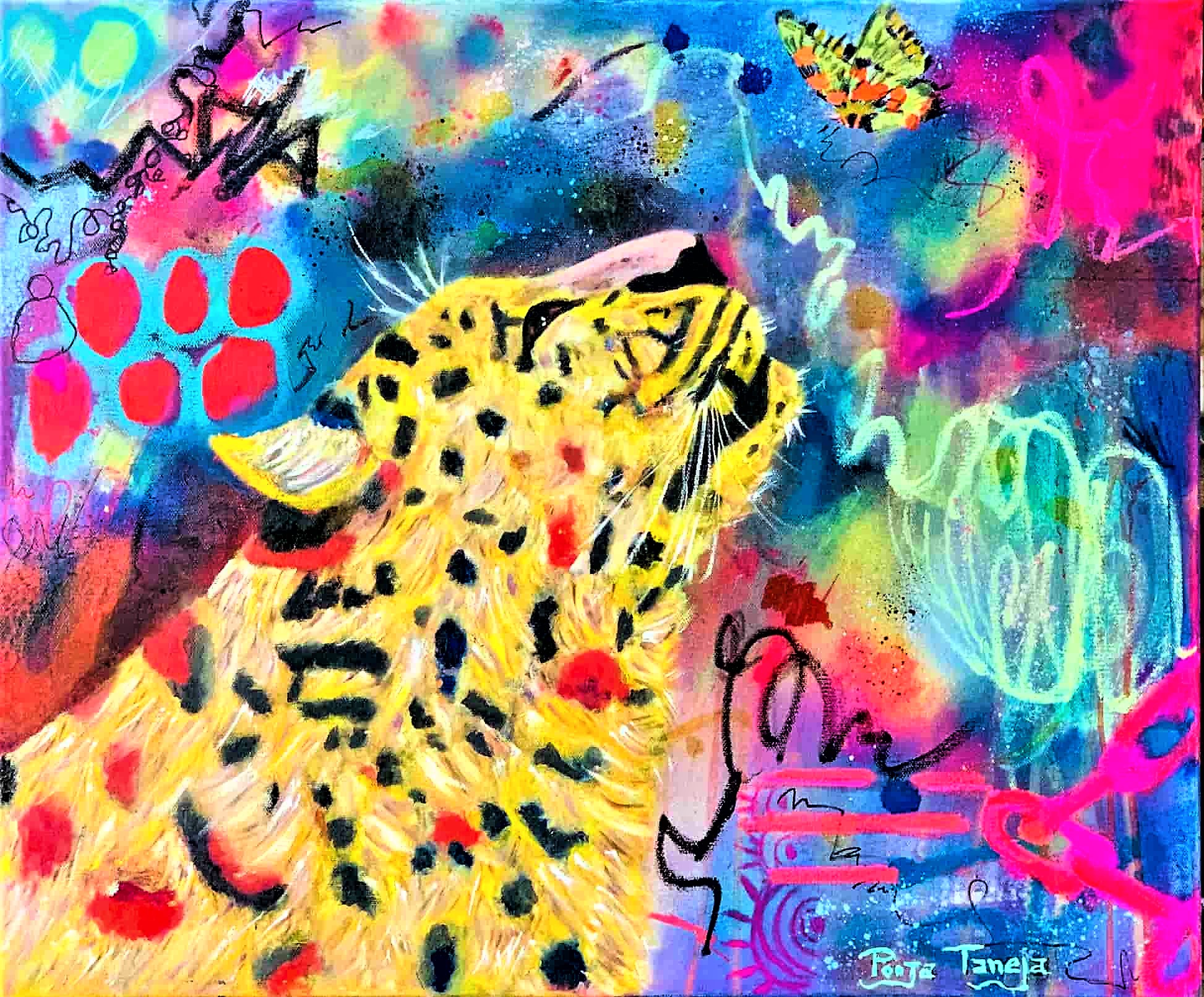 Colorful abstract painting of a jaguar with vibrant background and various shapes and patterns.
