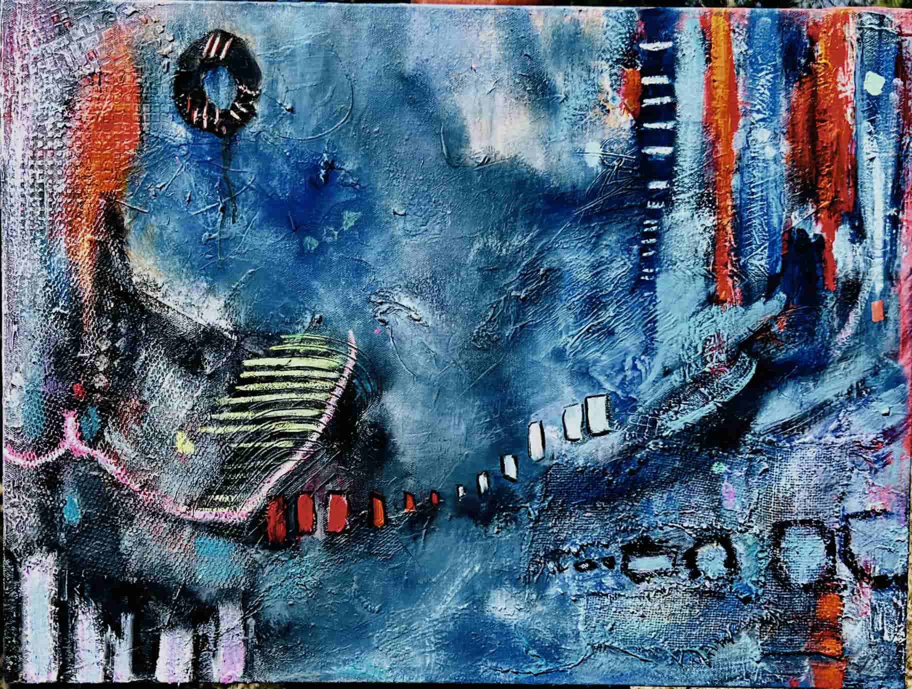 Abstract painting with blue background, black and white striped shapes, and colorful vertical lines on the right.