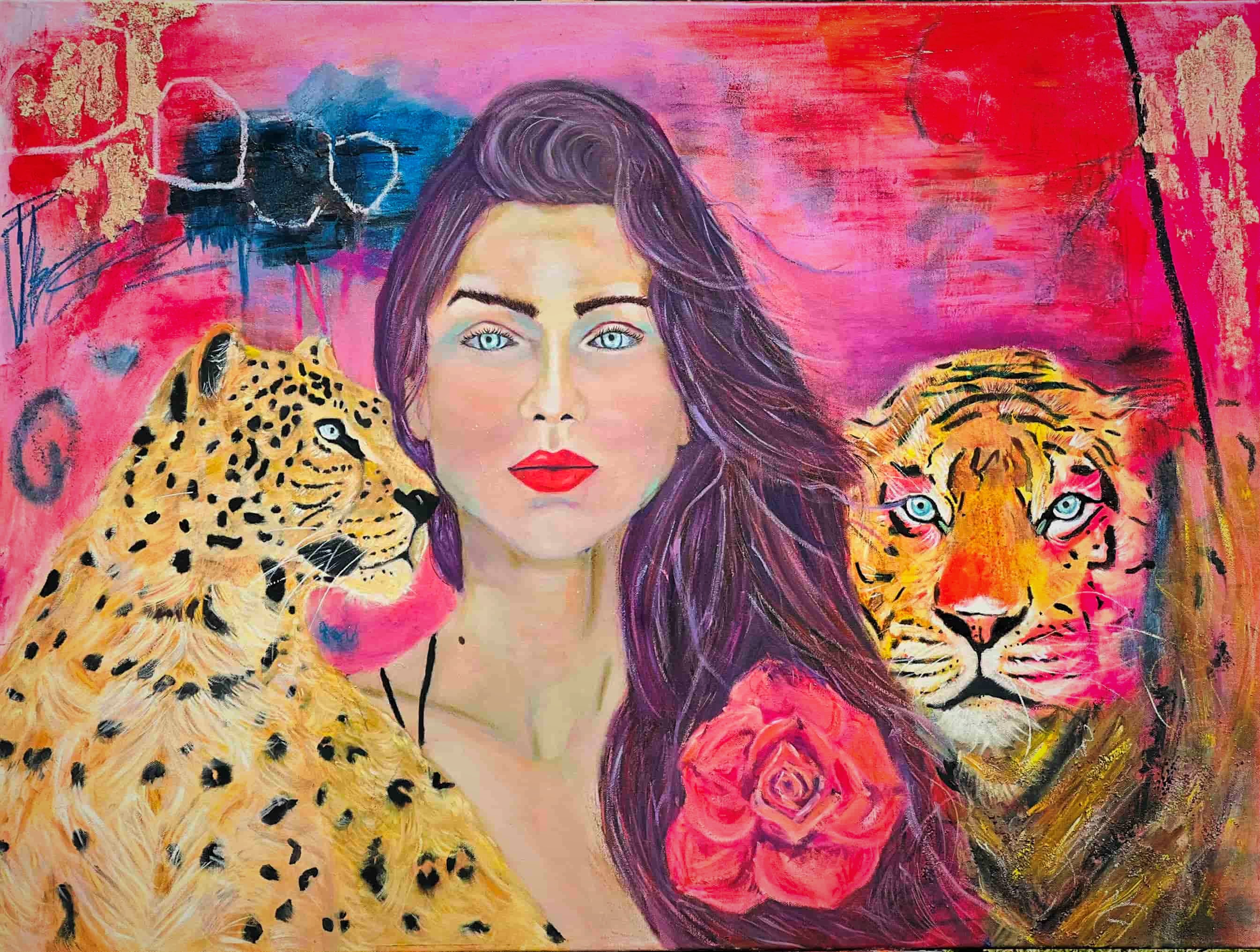 Painting of a woman with long dark hair, surrounded by a cheetah and a tiger, with a pink background and red rose.