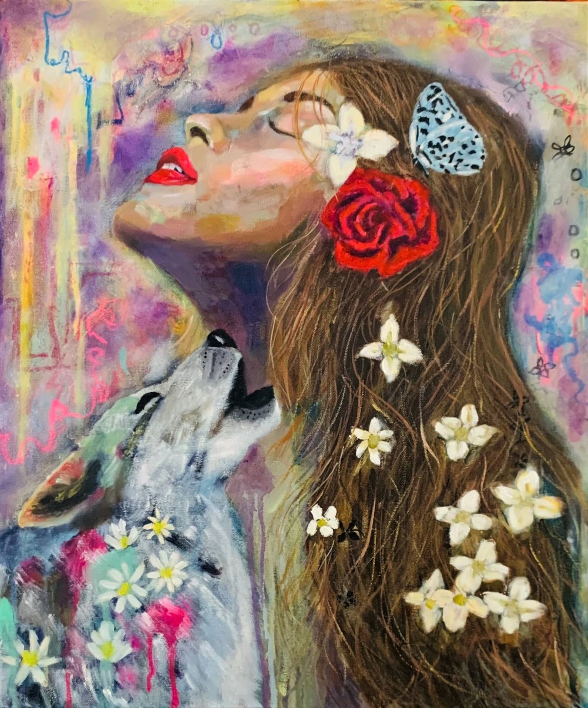 Woman with long hair, red rose, white flowers, and a butterfly, with colorful background and a dog nearby.