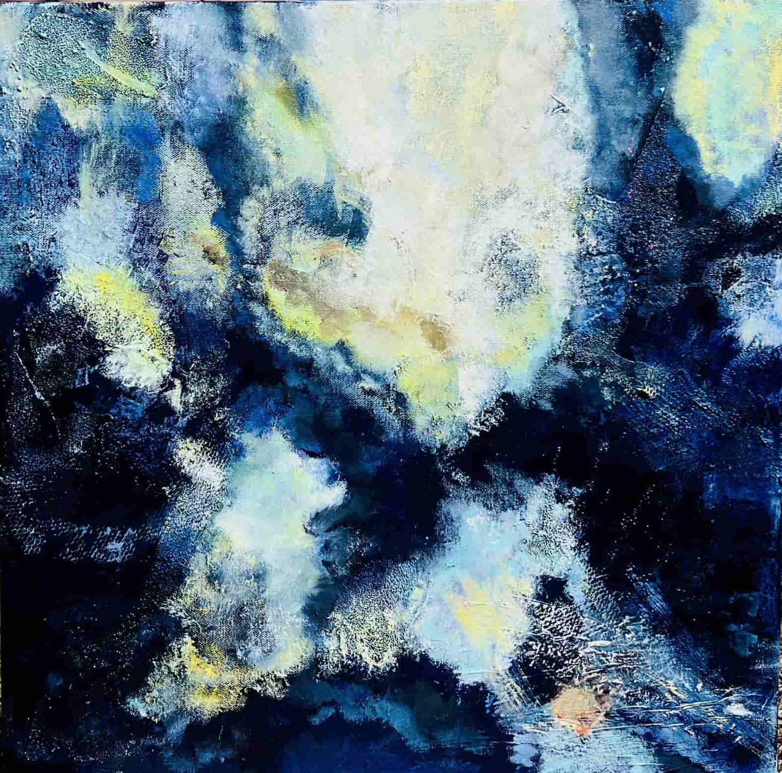 Abstract painting with blue, white, and yellow colors in a textured pattern.