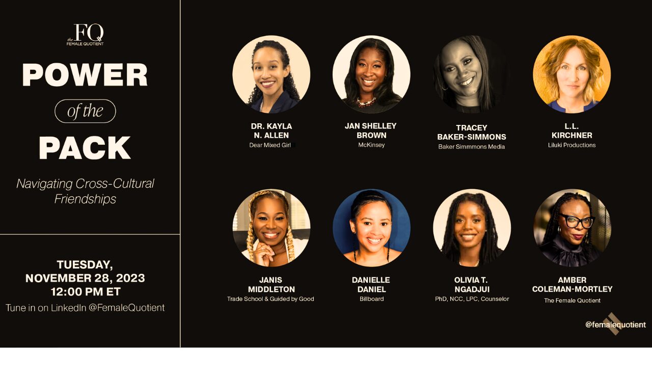 Event poster with headshots of eight women, event details, and title about cross-cultural friendships.