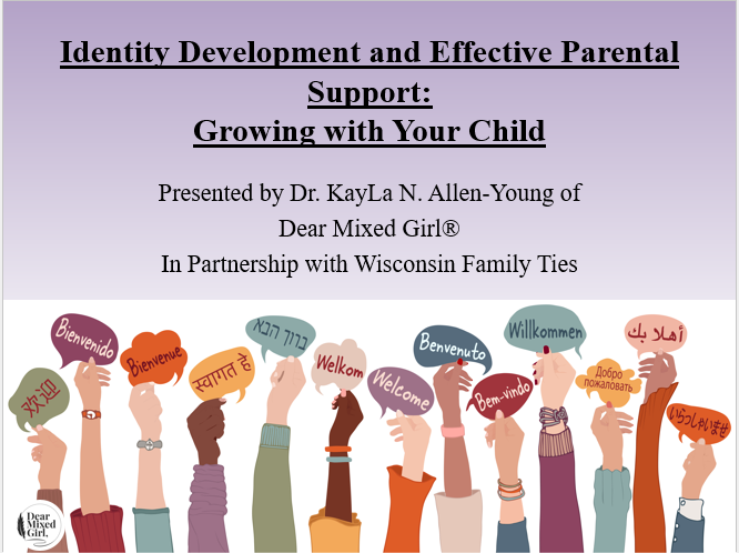 Presentation slide with multiple hands holding welcome signs in different languages, purple background, and title about identity development support.