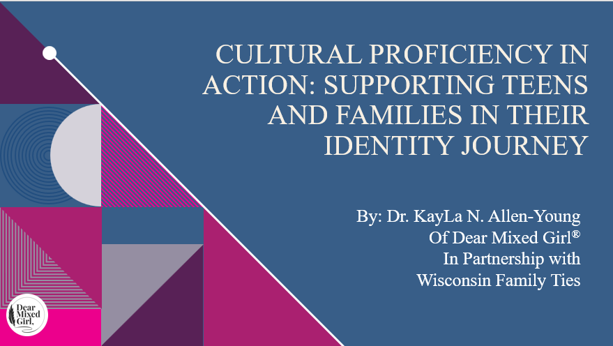 Title slide with geometric shapes and text about cultural proficiency and supporting teens and families.