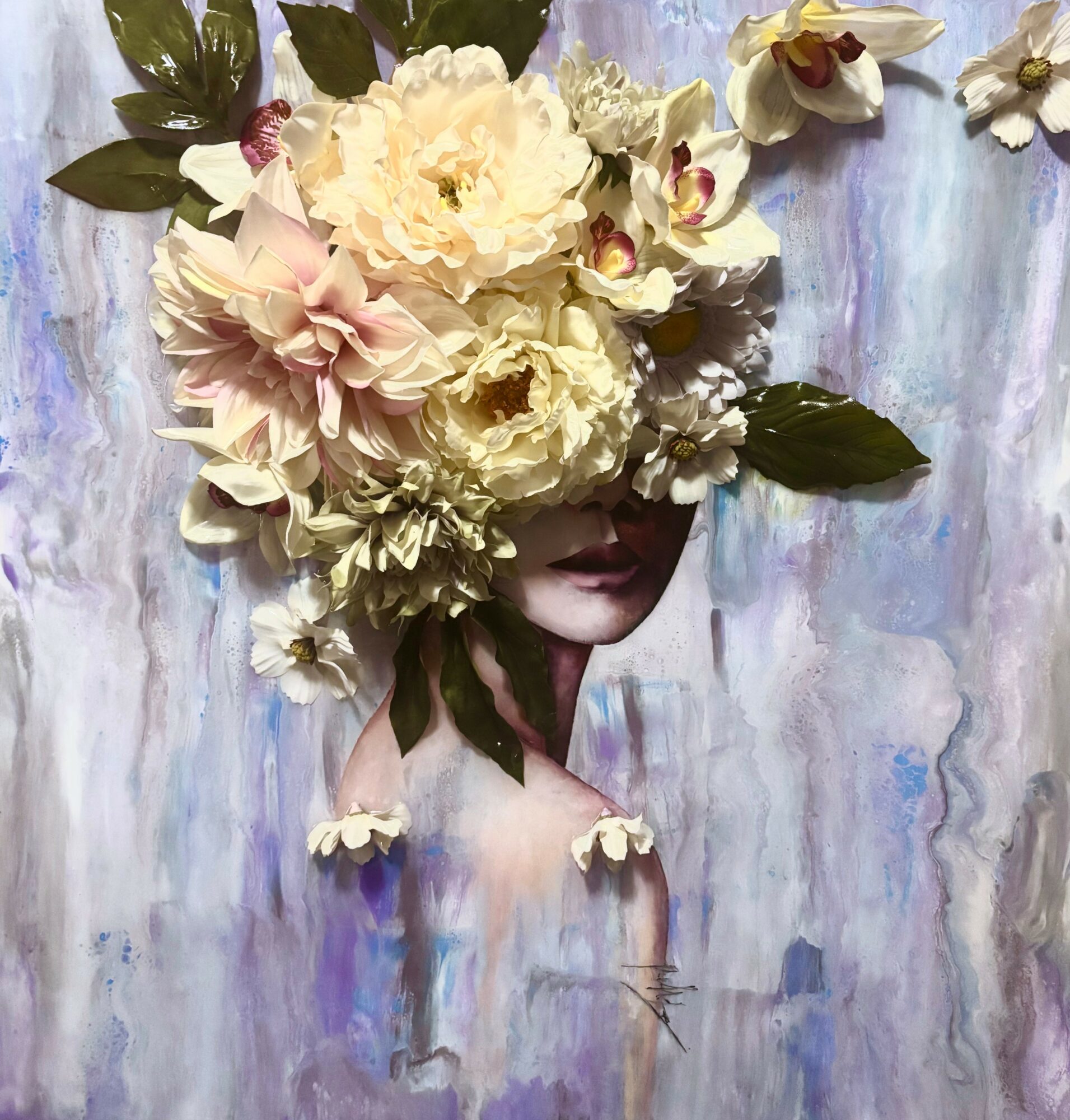 Person with face partially obscured by large bouquet of white and pink flowers, against a textured blue and purple background.
