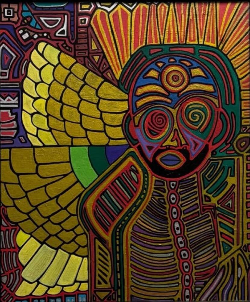 Colorful abstract face with spiral eyes, surrounded by vibrant patterns and wing-like shapes.