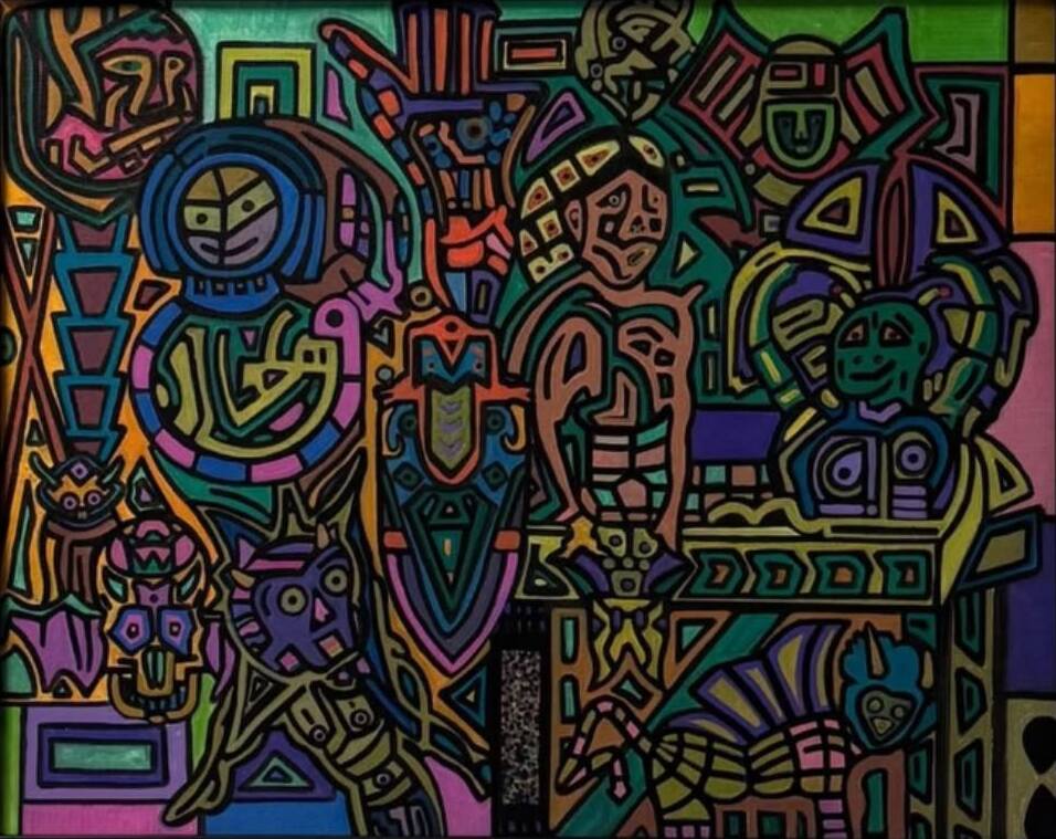 Colorful abstract artwork with various human and animal figures, geometric shapes, and patterns.