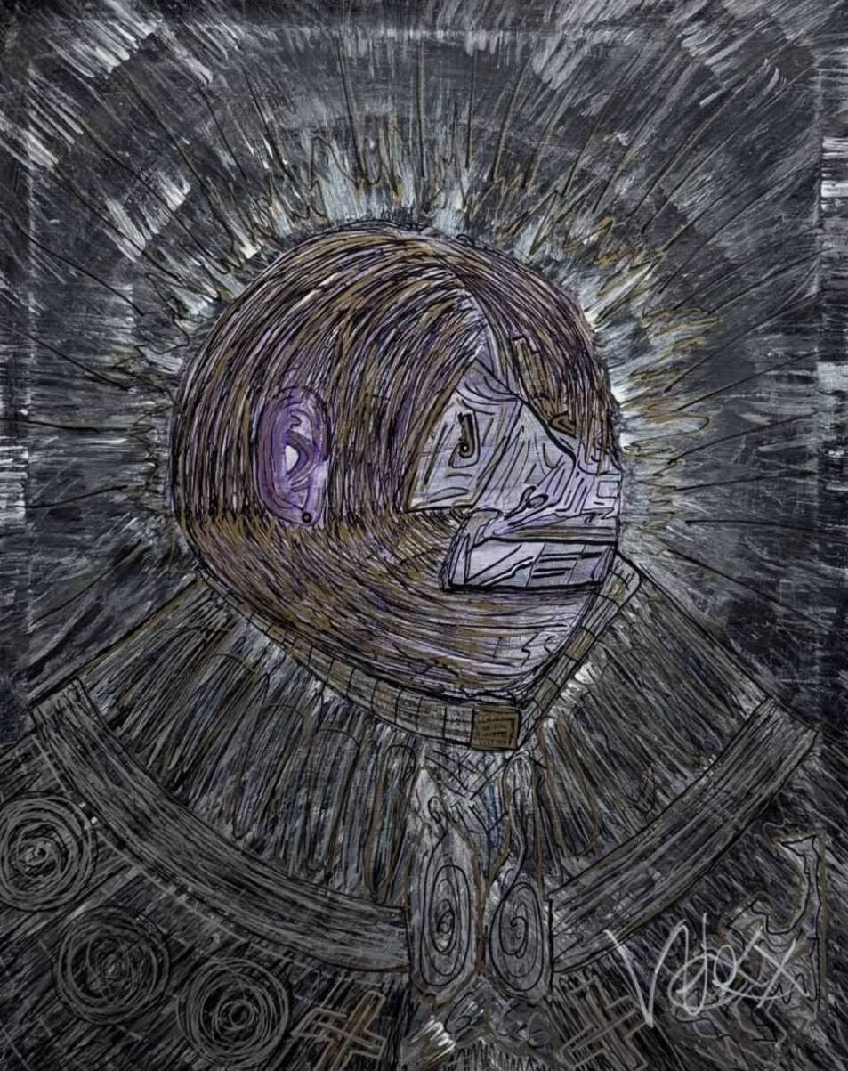 Drawing of a person wearing a helmet with a background of radiating lines.