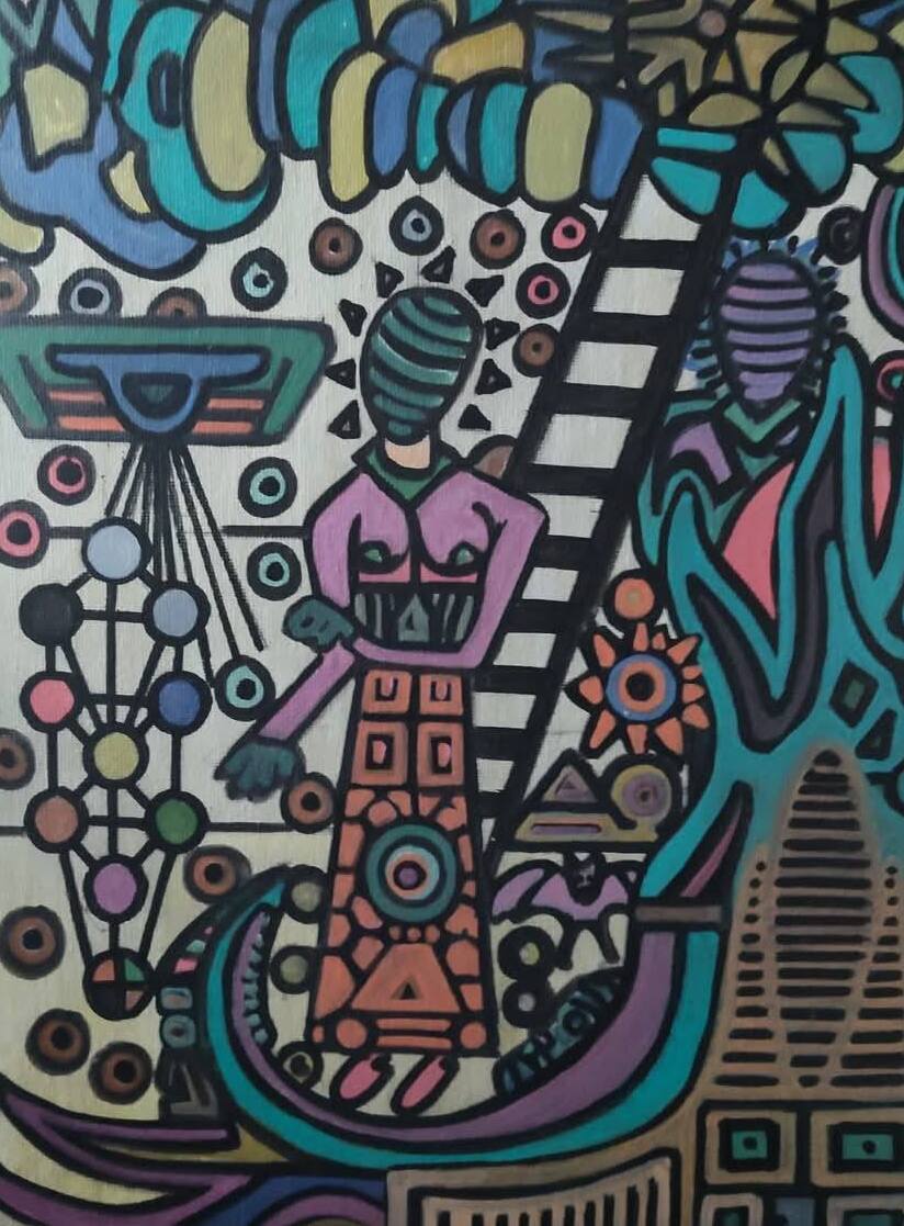 Abstract artwork with stylized human figures, geometric shapes, and vibrant colors.