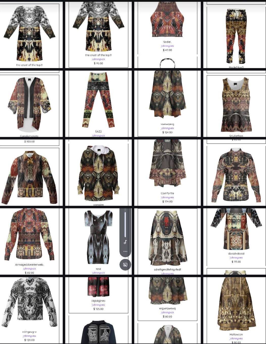Collage of various patterned clothing items including dresses, jackets, pants, and tops displayed on a white background.