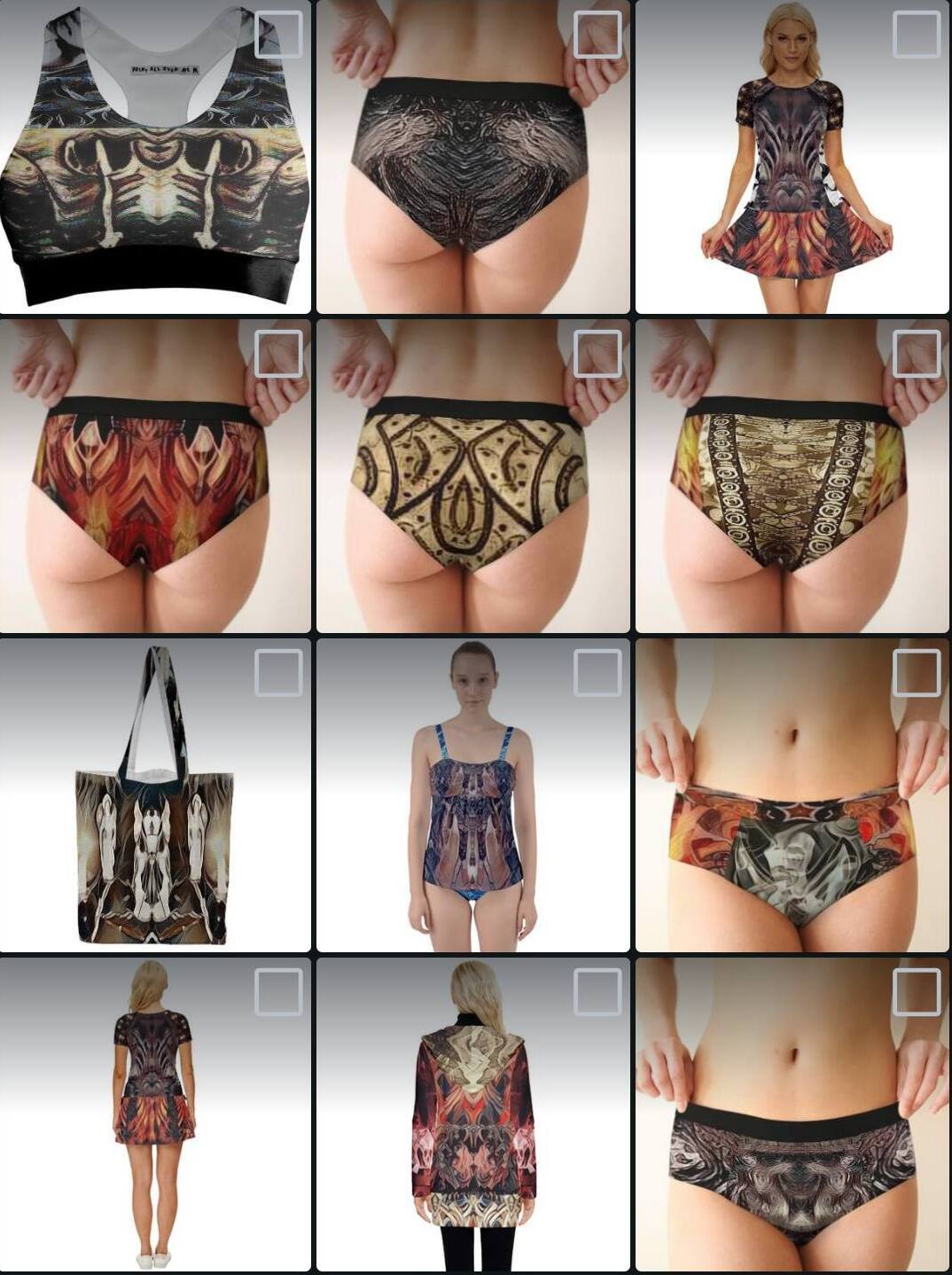 Collection of clothing and accessories including dresses, skirts, a handbag, and underwear displayed on models and flat lay.