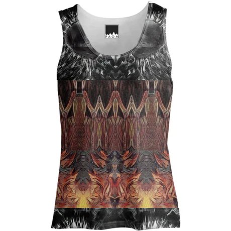 Sleeveless top with abstract black, red, yellow, and brown patterns, and a round neckline.