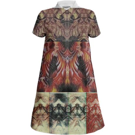 Dress with a colorful, abstract pattern divided into three horizontal sections, featuring symmetrical designs and vibrant colors.