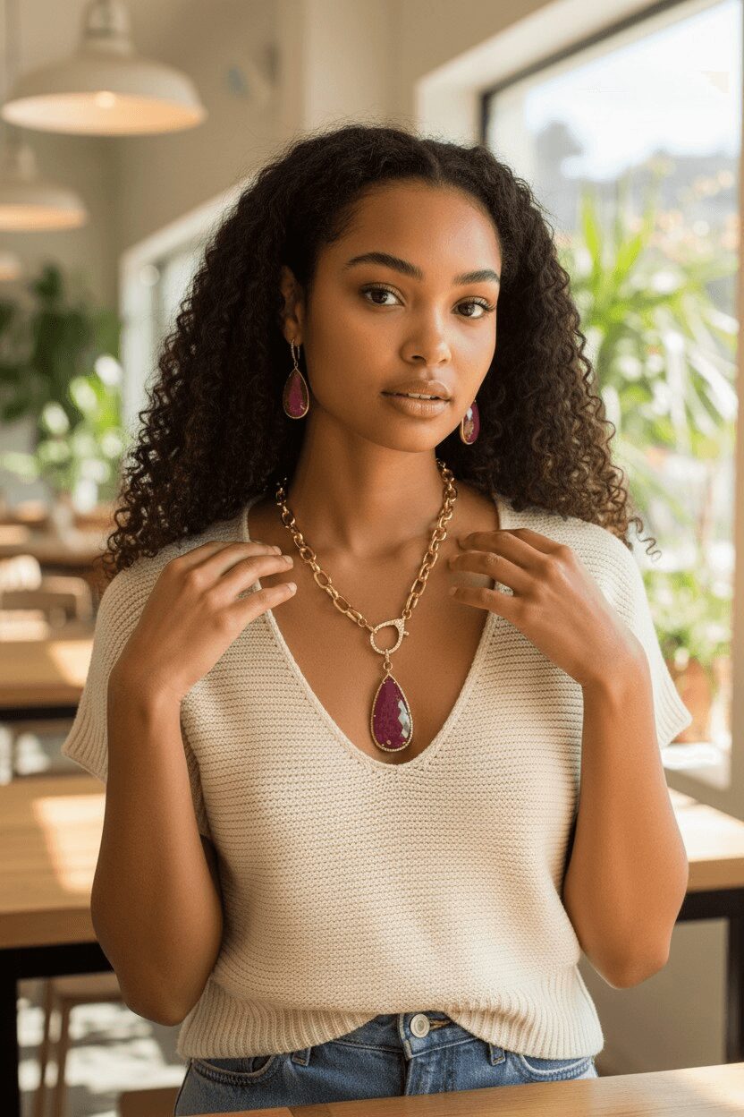 Young woman with curly hair wearing a cream sleeveless top and jewelry, indoors with large windows and plants.