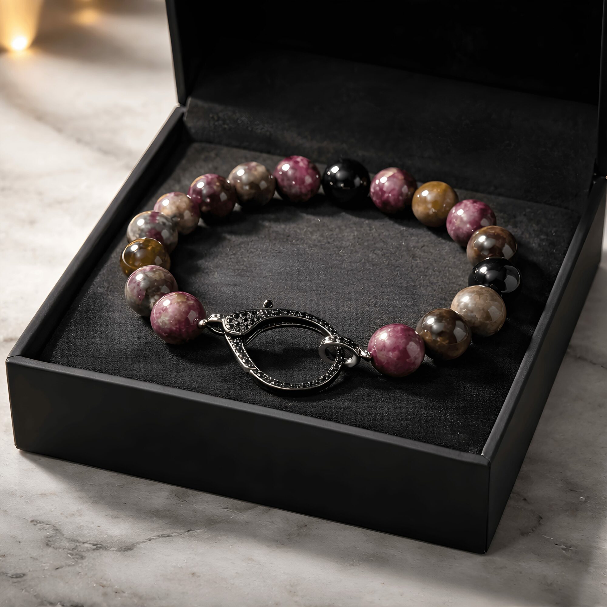 Beaded bracelet with a circular clasp inside a black jewelry box on a marble surface.