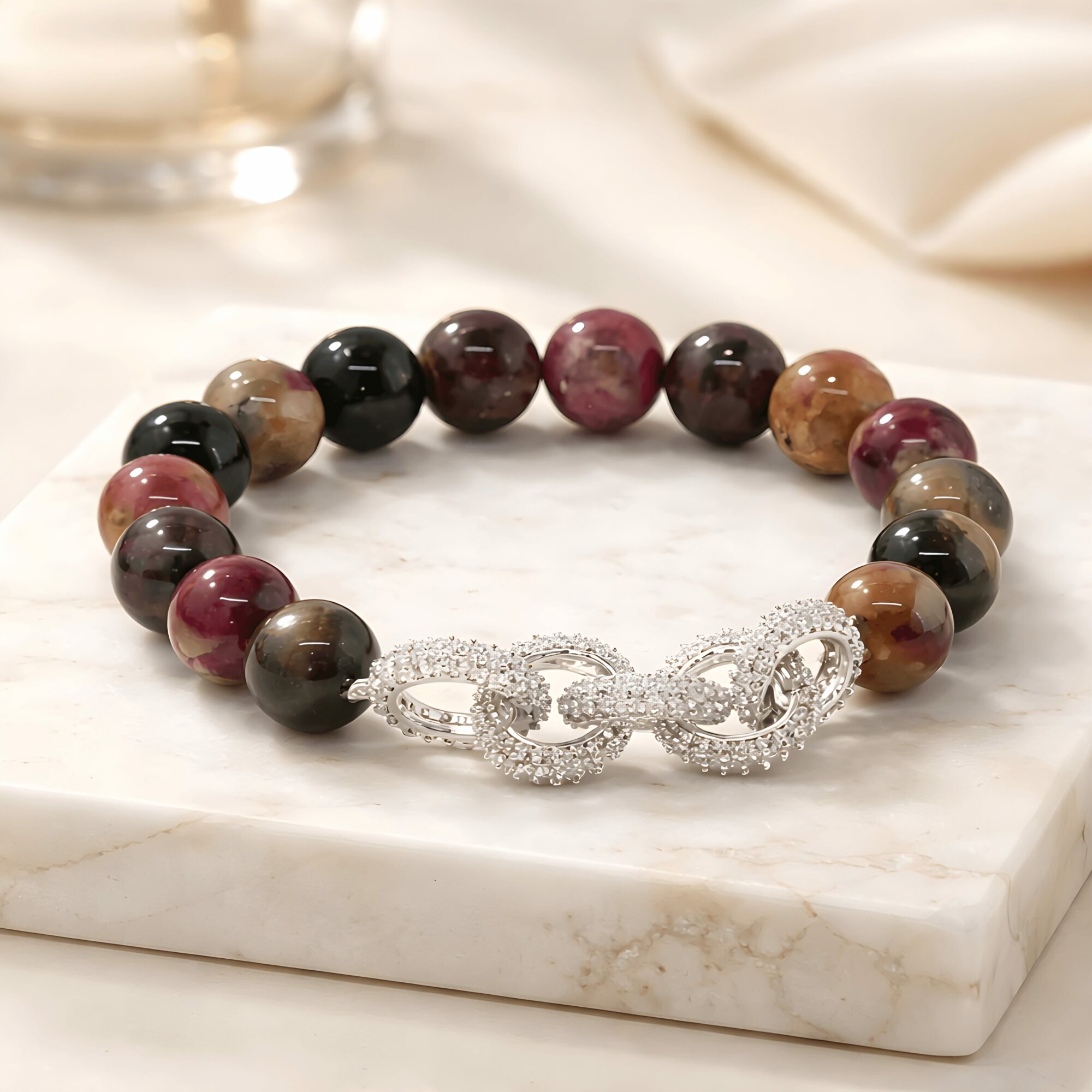 Beaded bracelet with multicolored round stones and a silver decorative clasp, resting on a marble surface.