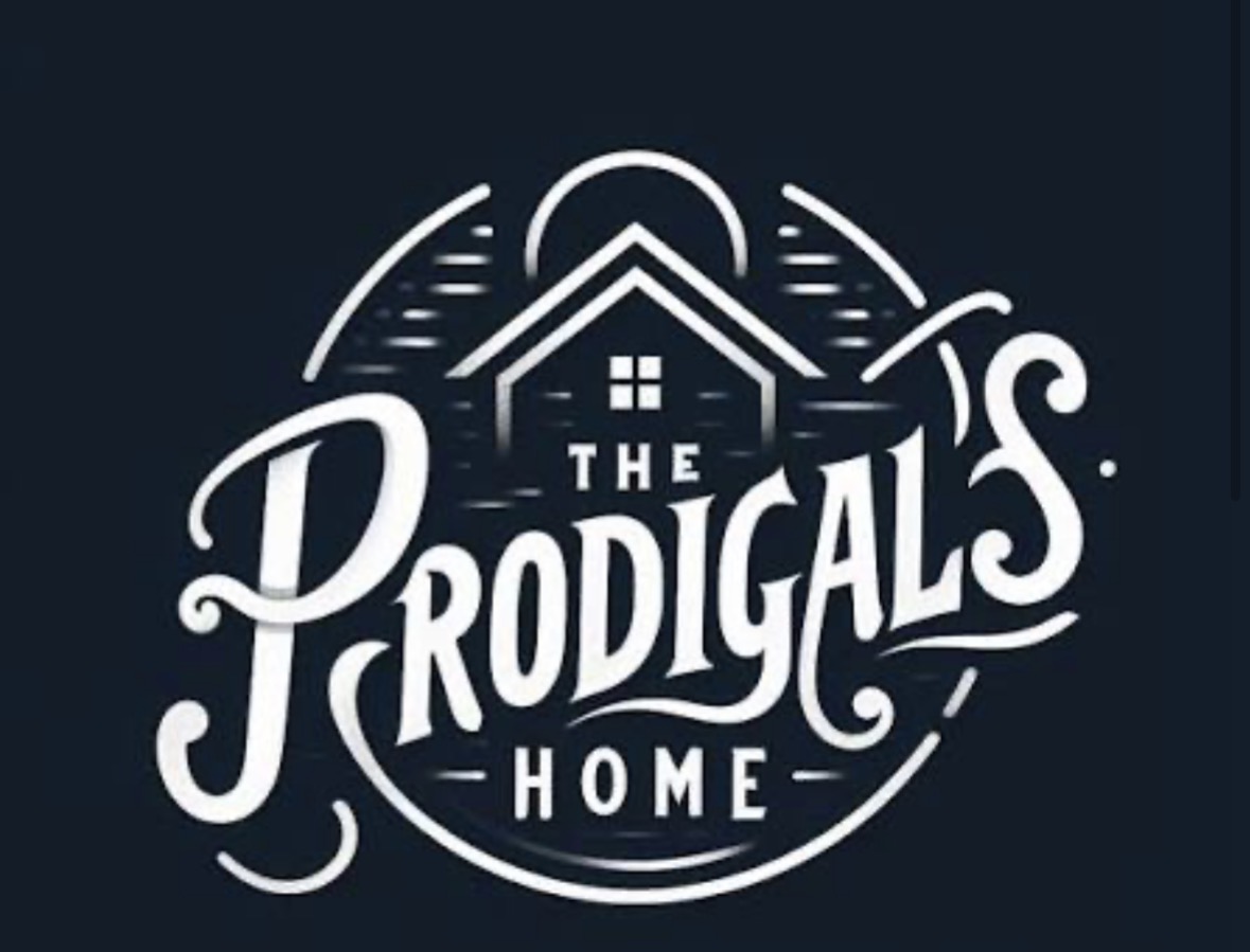 Logo with house outline, text 'The Prodigals Home', decorative elements on dark background.