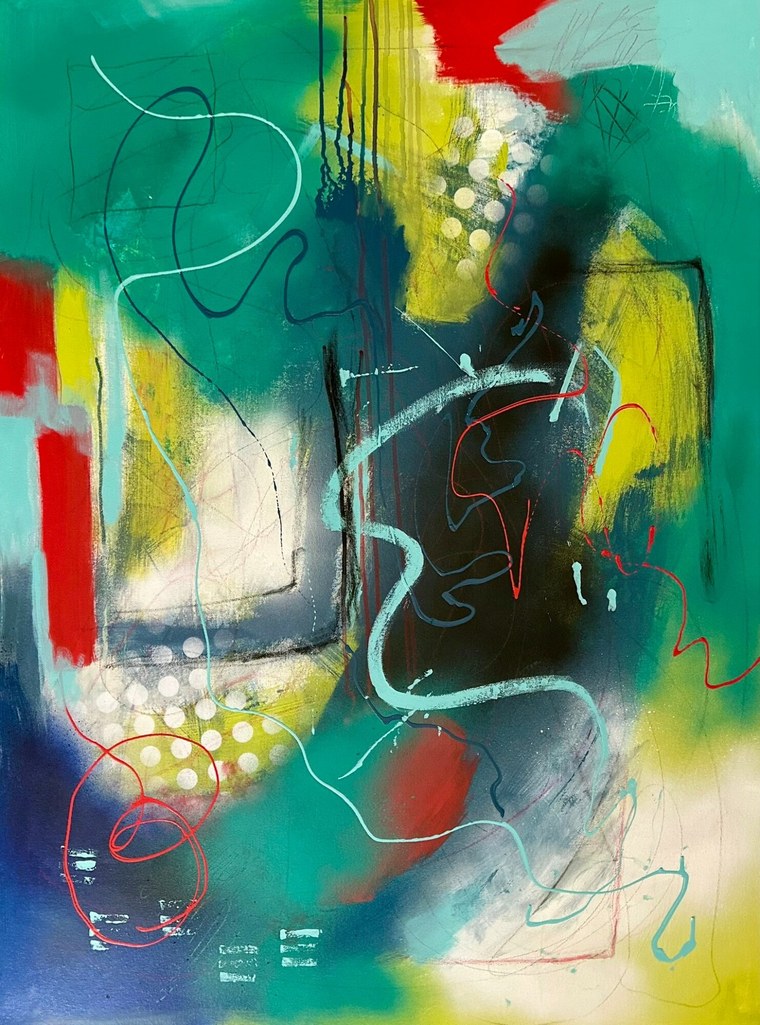 Abstract painting with vibrant colors, including green, yellow, red, black, and white, featuring various lines and shapes.