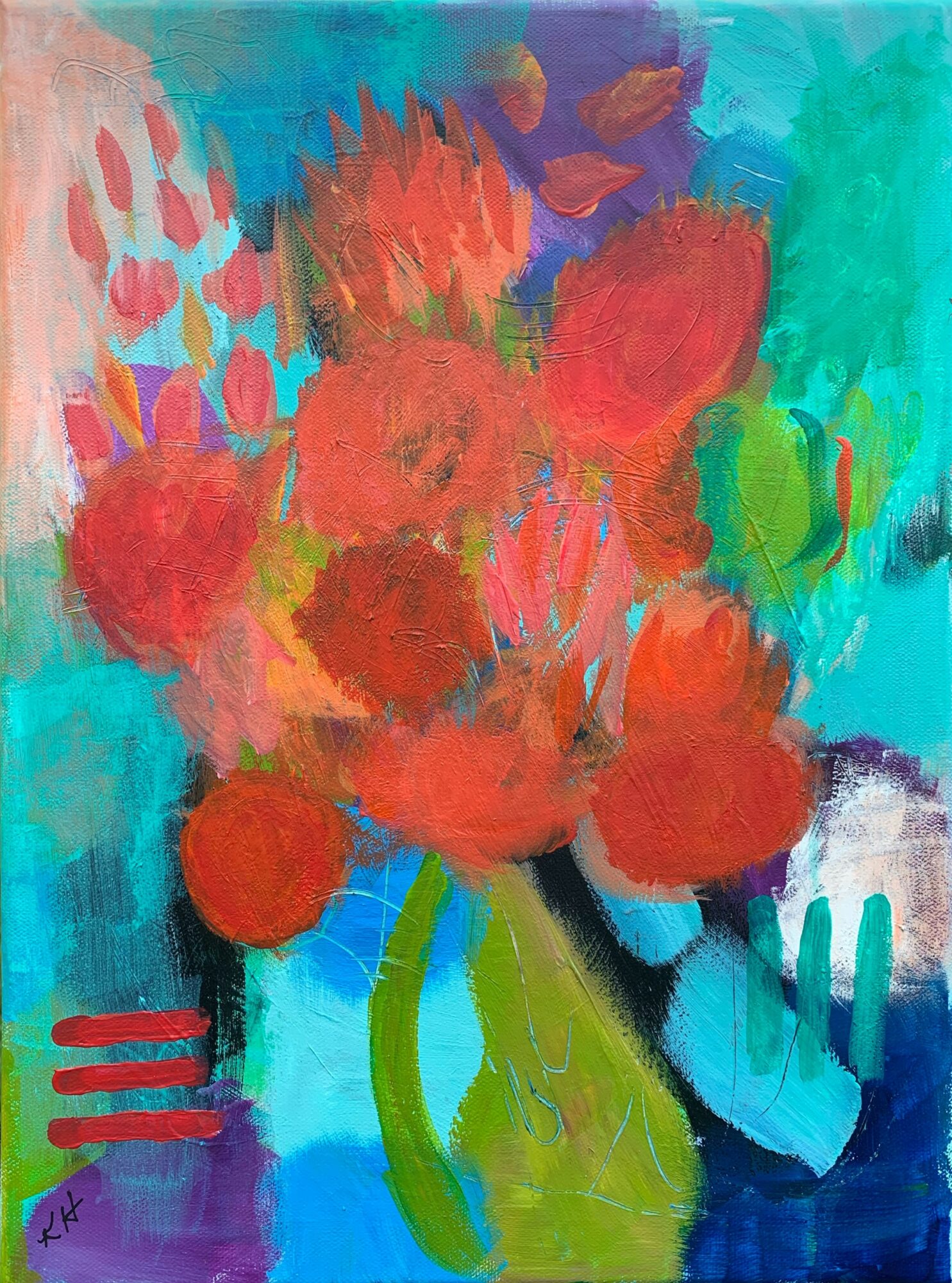 Abstract painting of a bouquet with red, orange, and pink flowers in a green vase against a blue background.