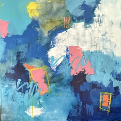 Abstract painting with blue, pink, white, yellow, and orange brushstrokes and shapes.