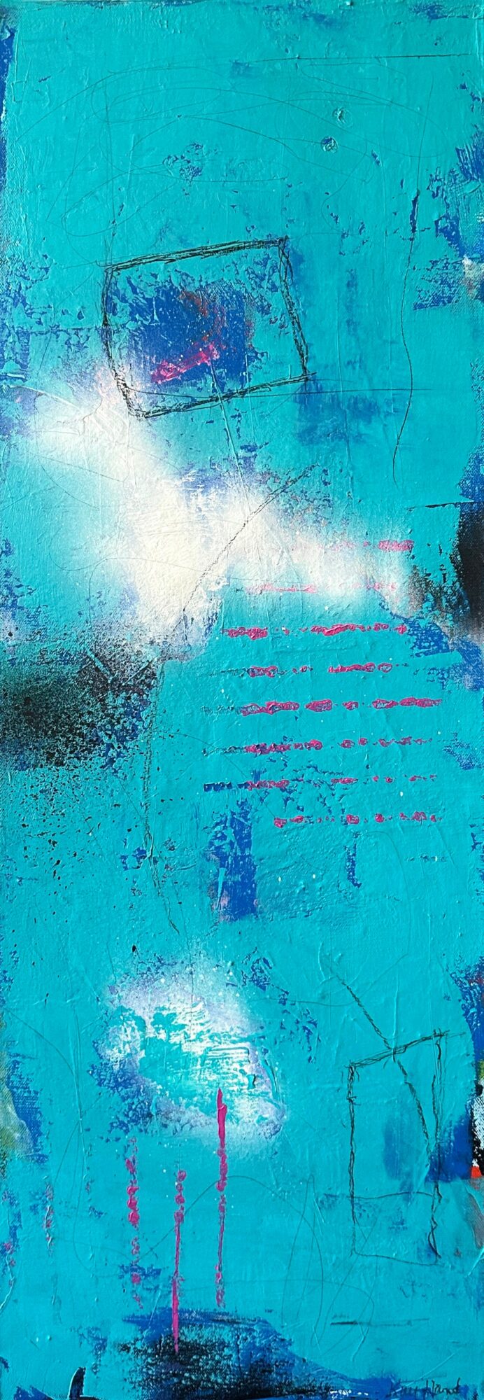 Abstract blue textured background with faint geometric shapes and red lines.