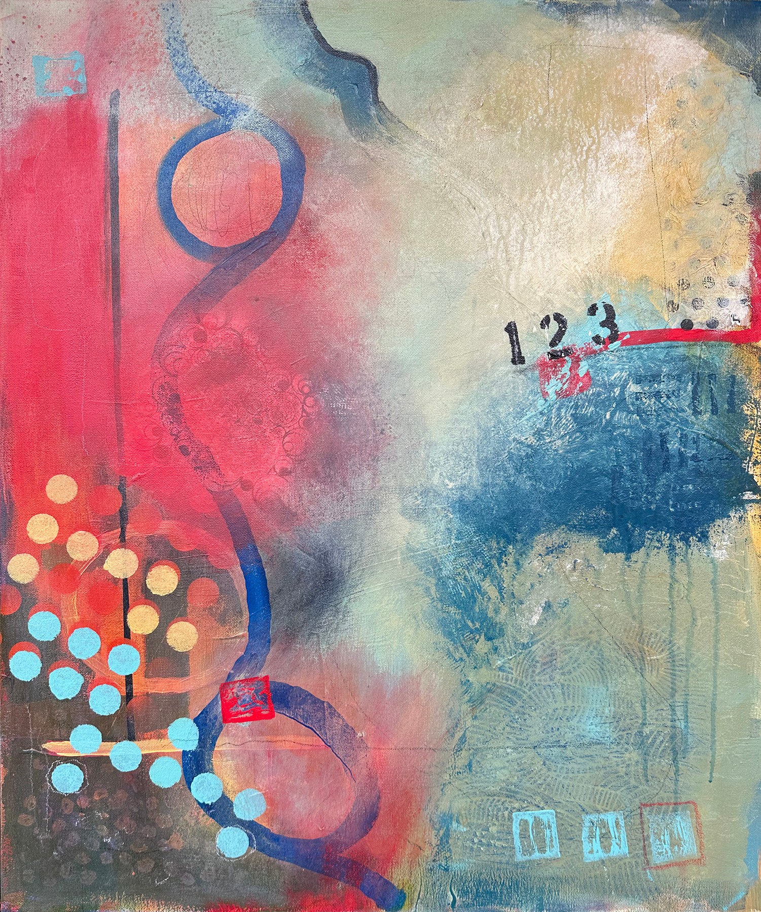 Abstract painting with colorful shapes, numbers, and textured background in blue, red, yellow, and beige tones.