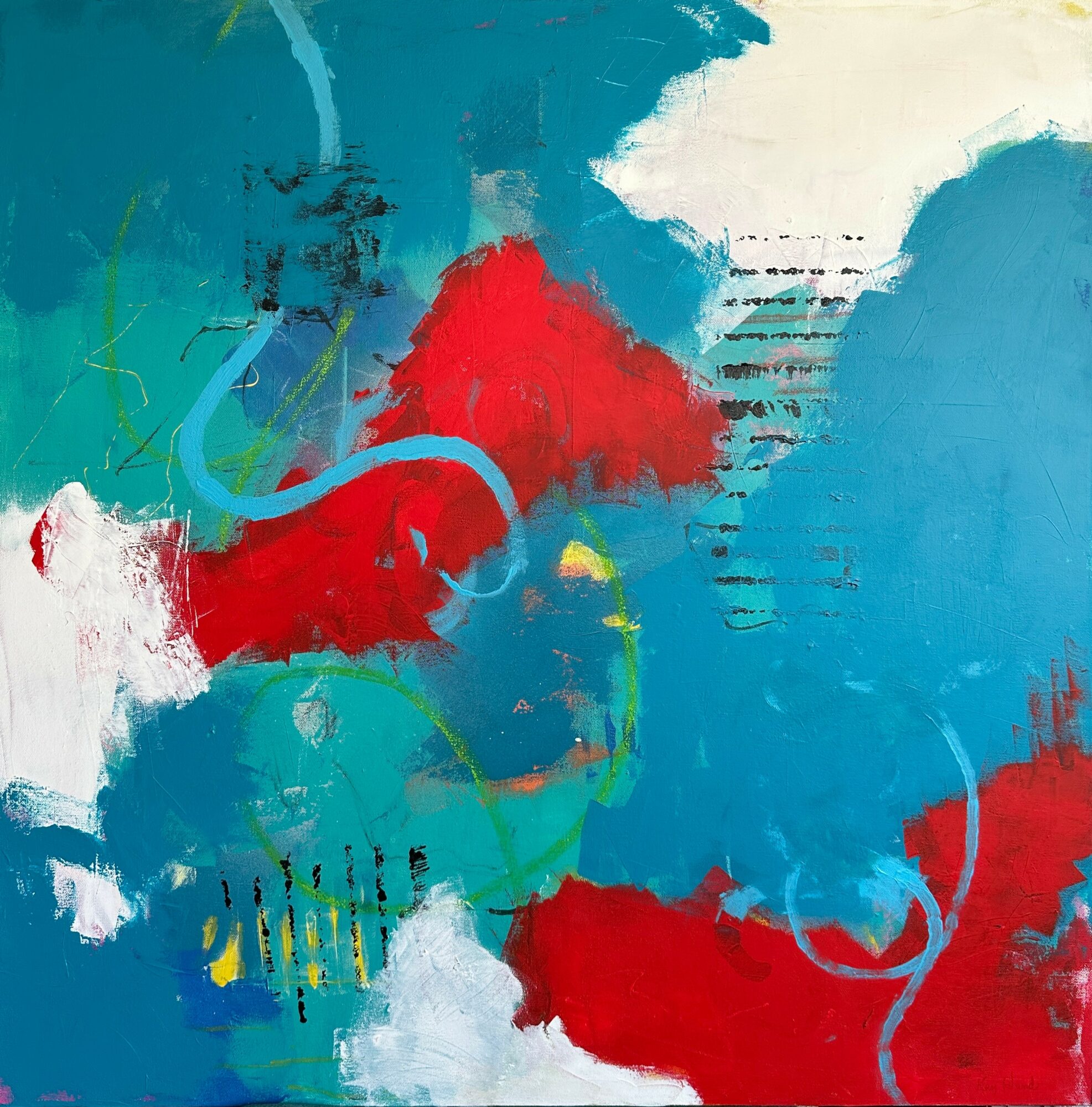 Abstract painting with red, blue, white, and green colors, featuring brushstrokes and textures.