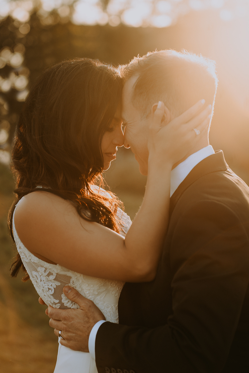 A couple faces close, touching foreheads, outdoors with sunlight behind them, woman holding man's face gently.
