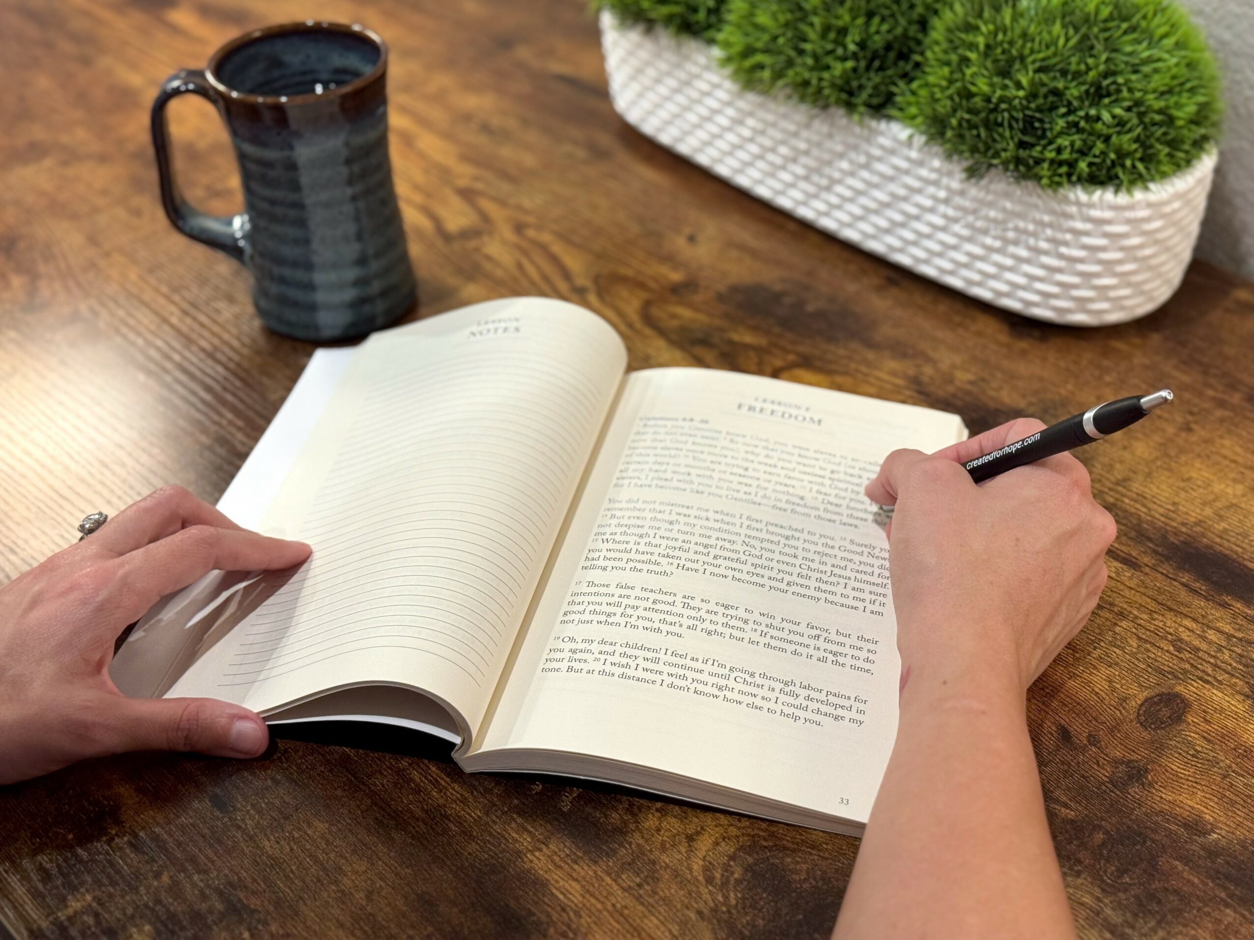 Person writing in an open notebook on a wooden table with a black mug and green plant in the background.
