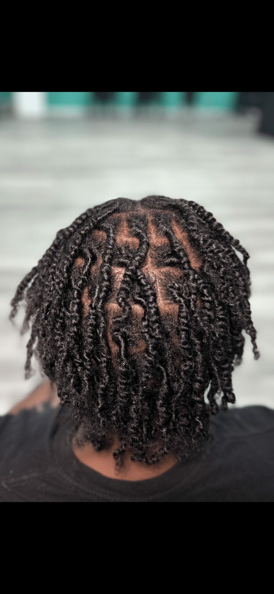Back view of a person's head with short, twisted natural hair styled in small twists.