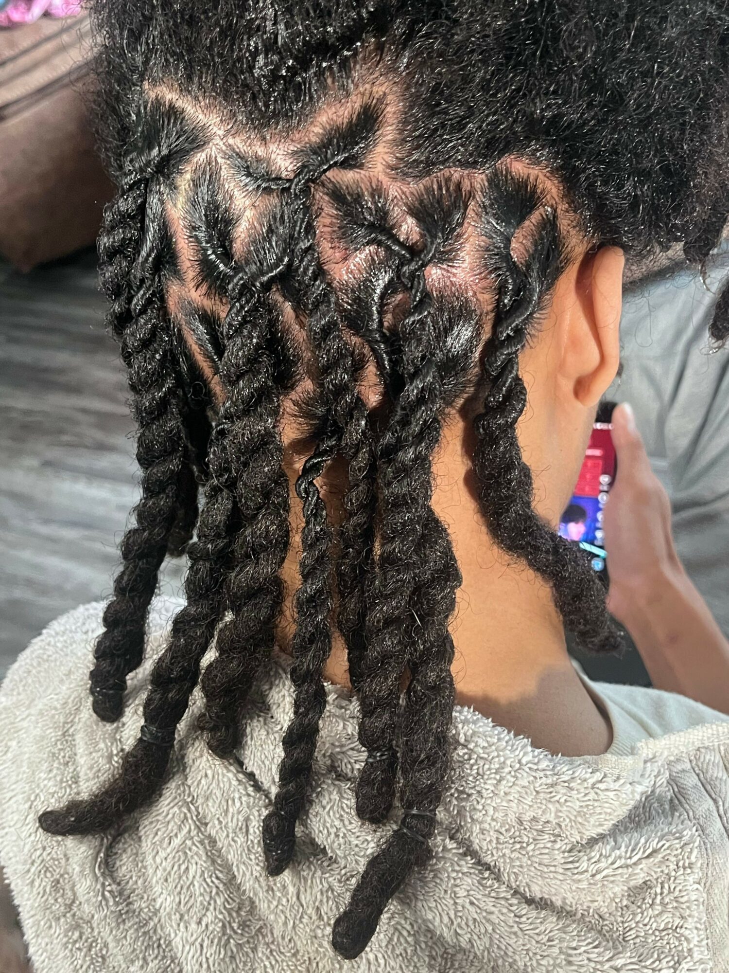 Back of person's head with styled natural hair and twisted sections, some twisted strands hanging down.