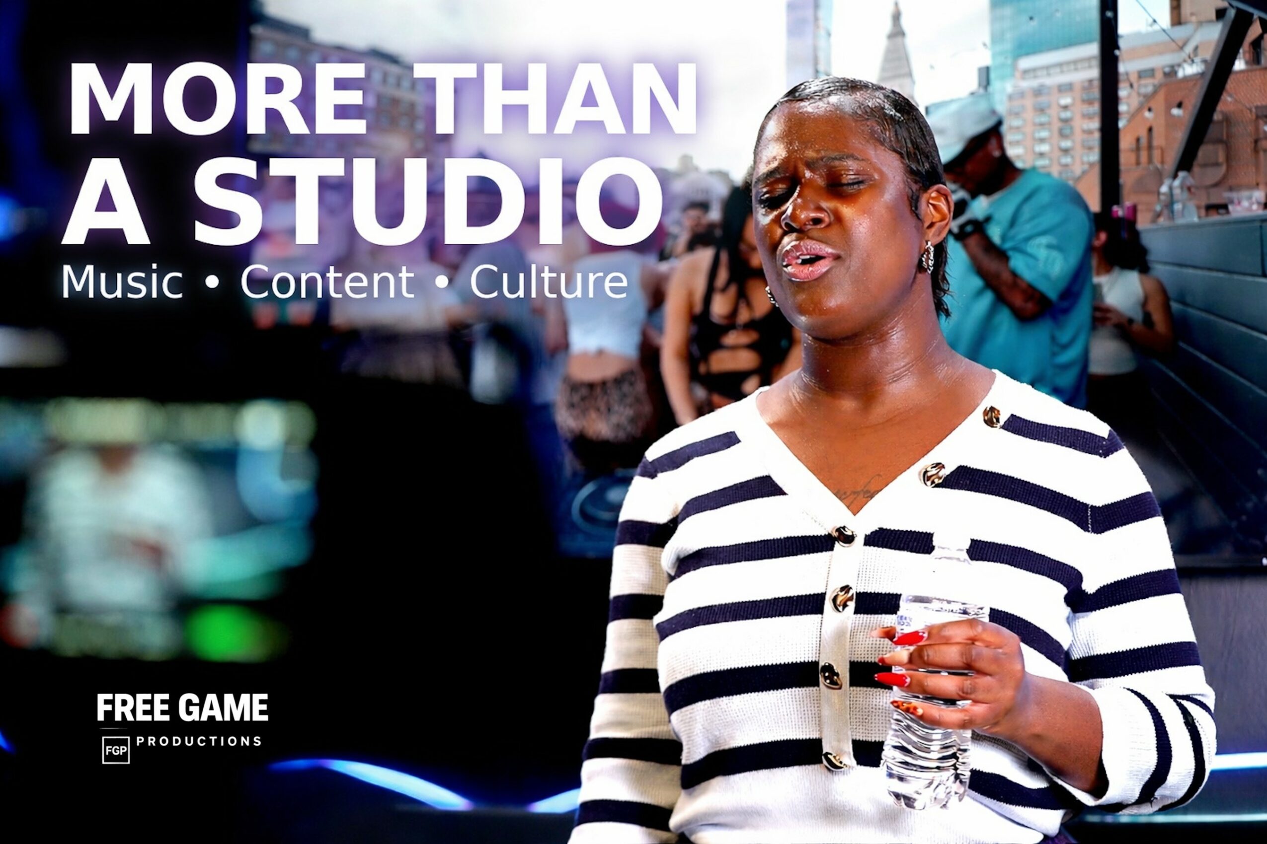 Woman holding water bottle with cityscape background and text about studio, music, content, and culture.