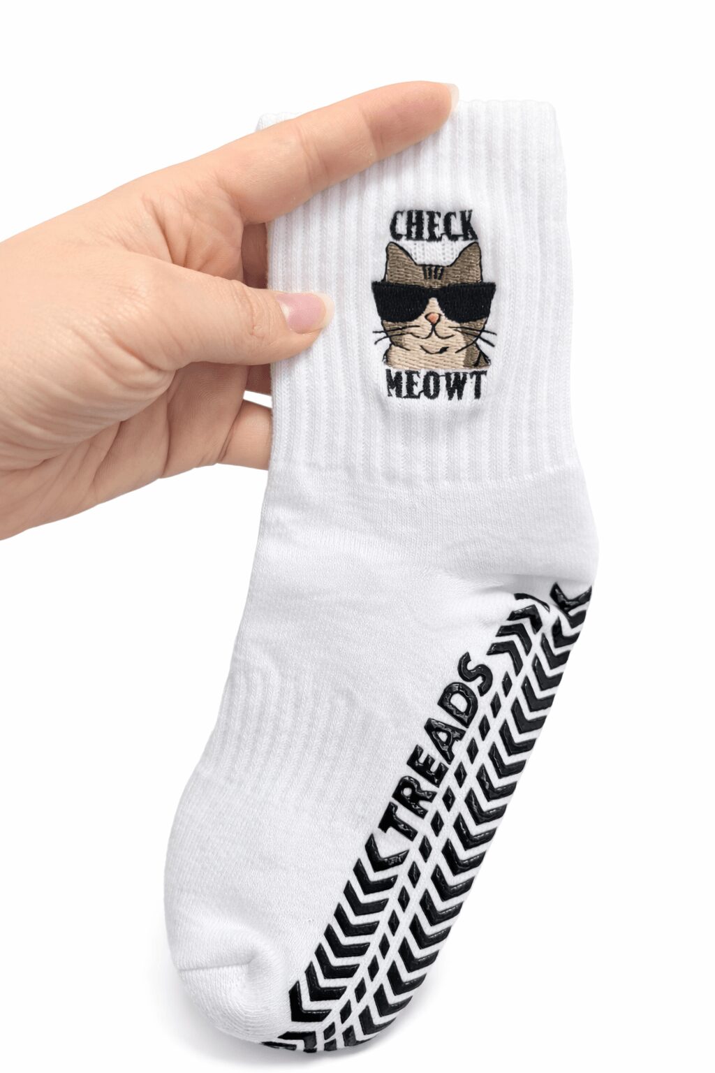 White sock with a cat wearing sunglasses and the words 'CHECK MEOWT' above and below the cat.